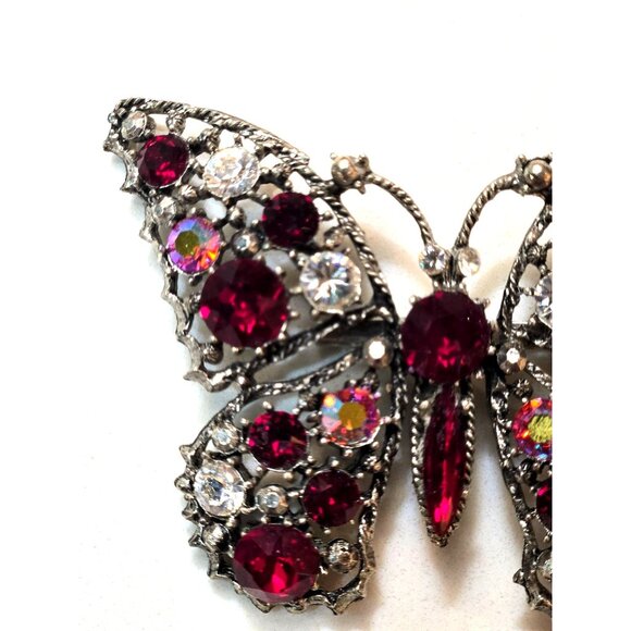 Vintage Weiss Rhinestone Butterfly Brooch Red & Clear Crystal Elegant Signed - Picture 3 of 10